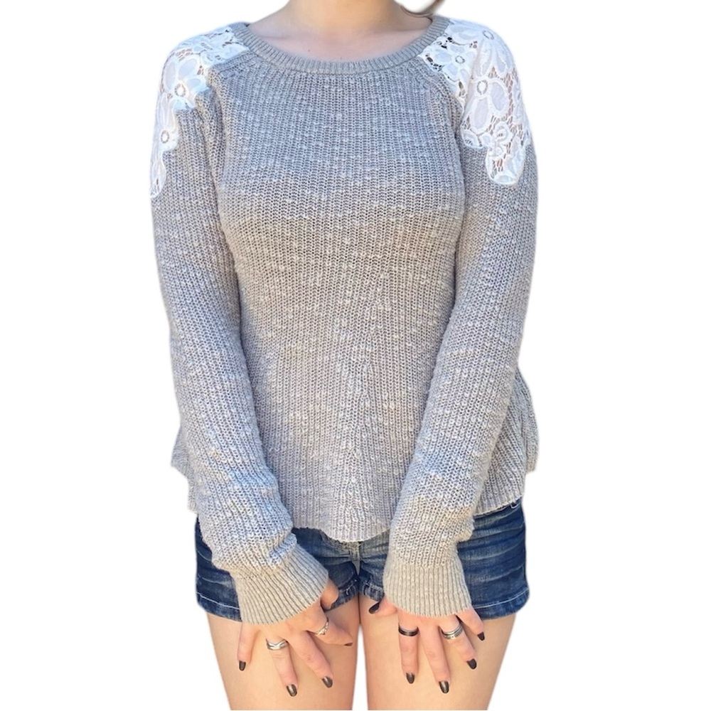 Hollister Women Sweater XS Gray Lace Long Sleeve Crew Neck Boho Casual Cotton